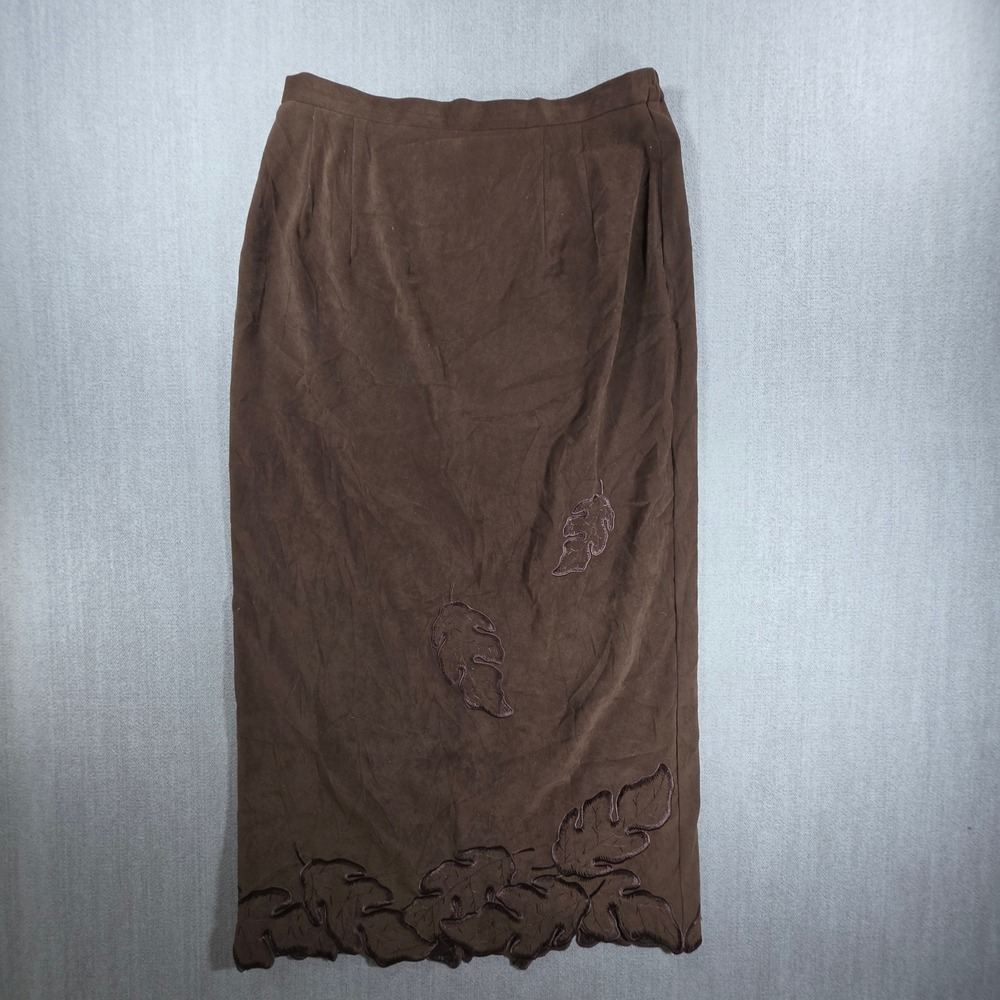 Plaza South Midi Skirt Women Size 10 Brown Leaf Embroidered Scalloped Hem 025433